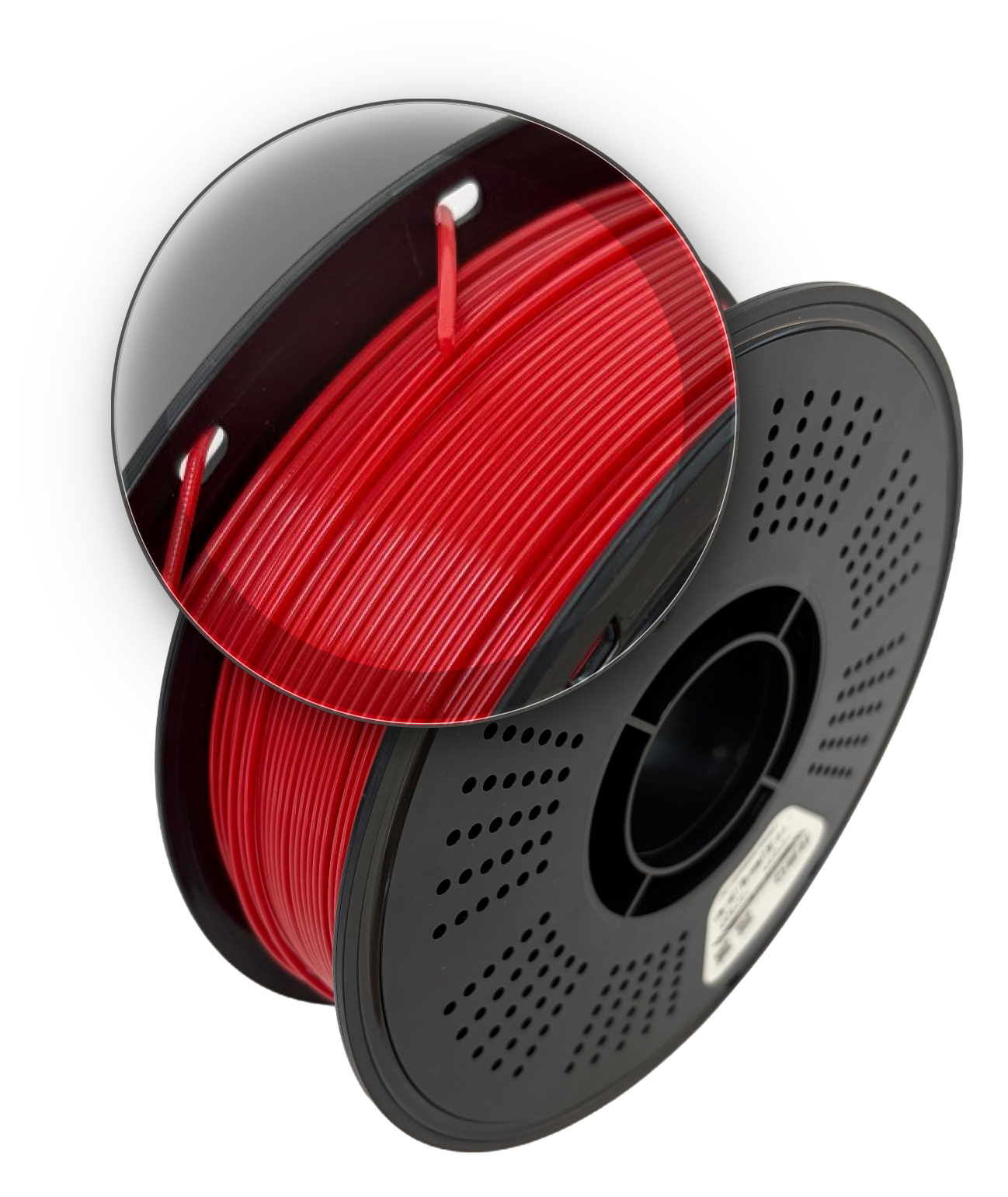 Finished 3D printing filament spool with the filament head and tail locked through holes in the spool core
