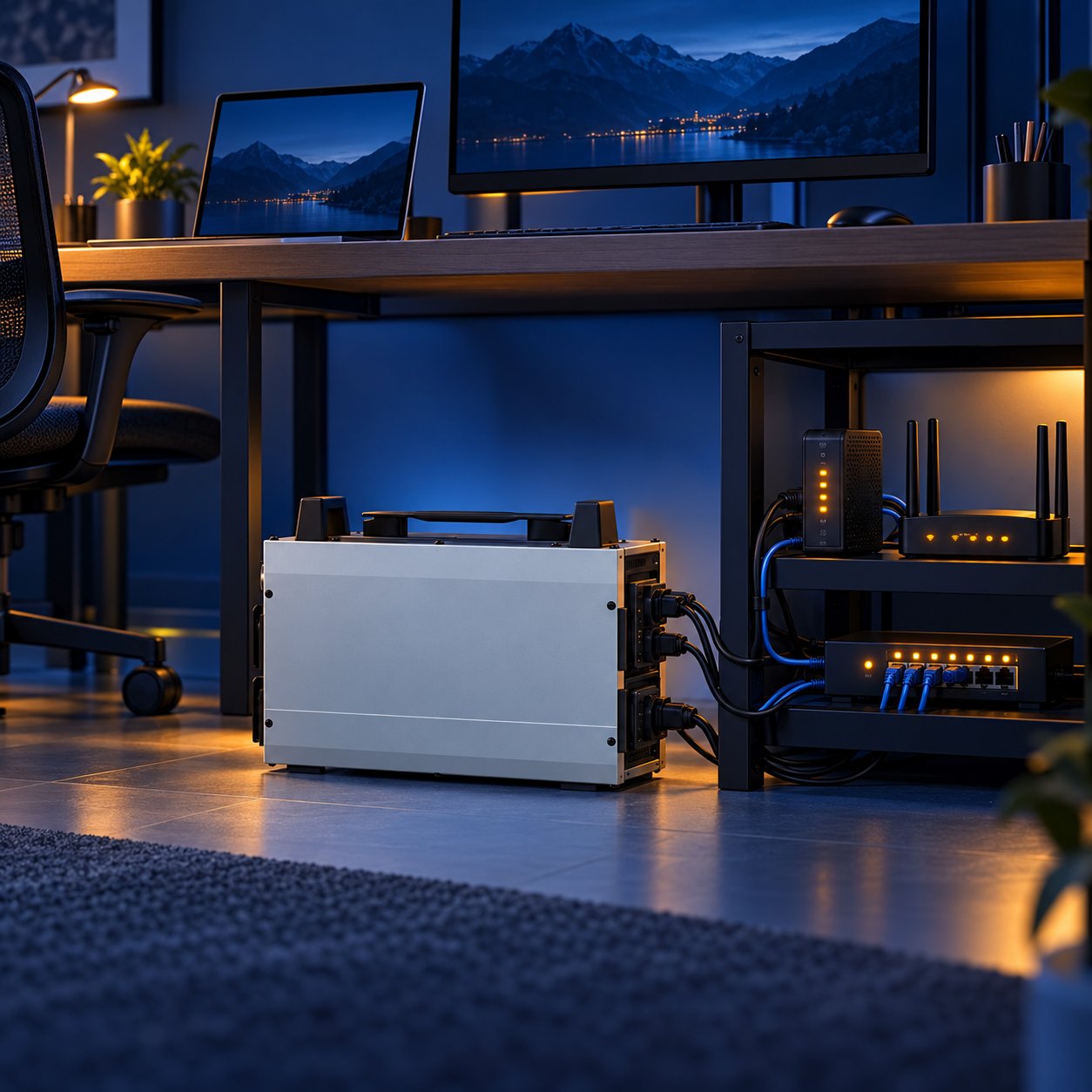 Compact portable power station keeping a five-device network online: modem, router, switch, laptop and monitor