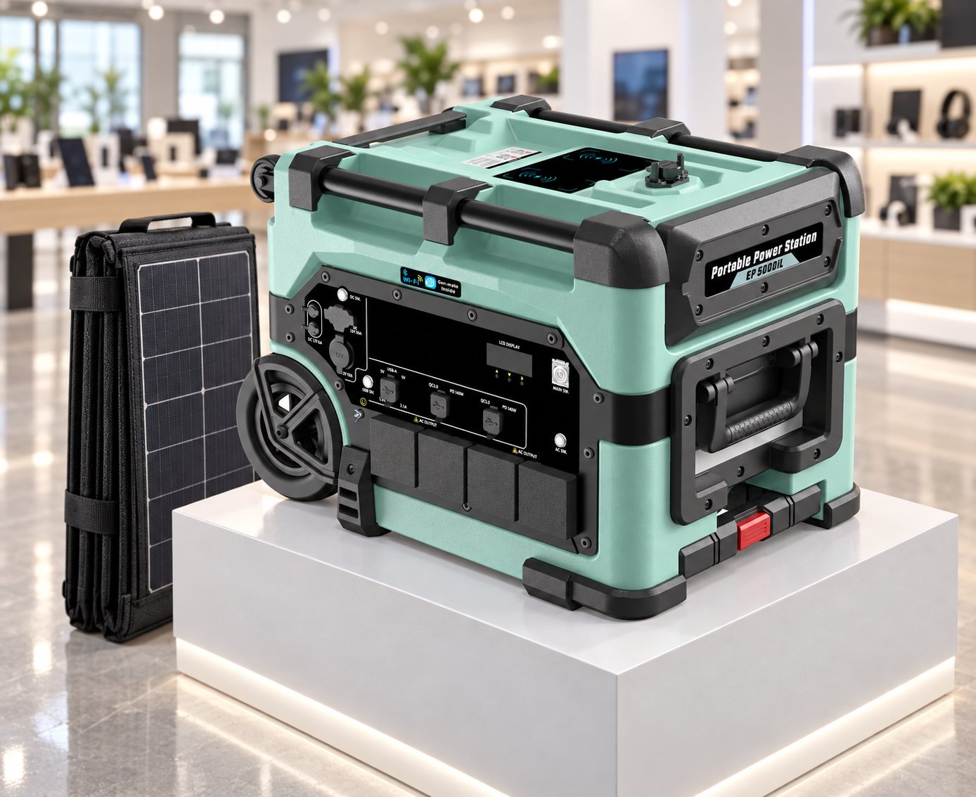 Portable power station and a folded solar panel sample displayed on a pedestal in a retail showroom