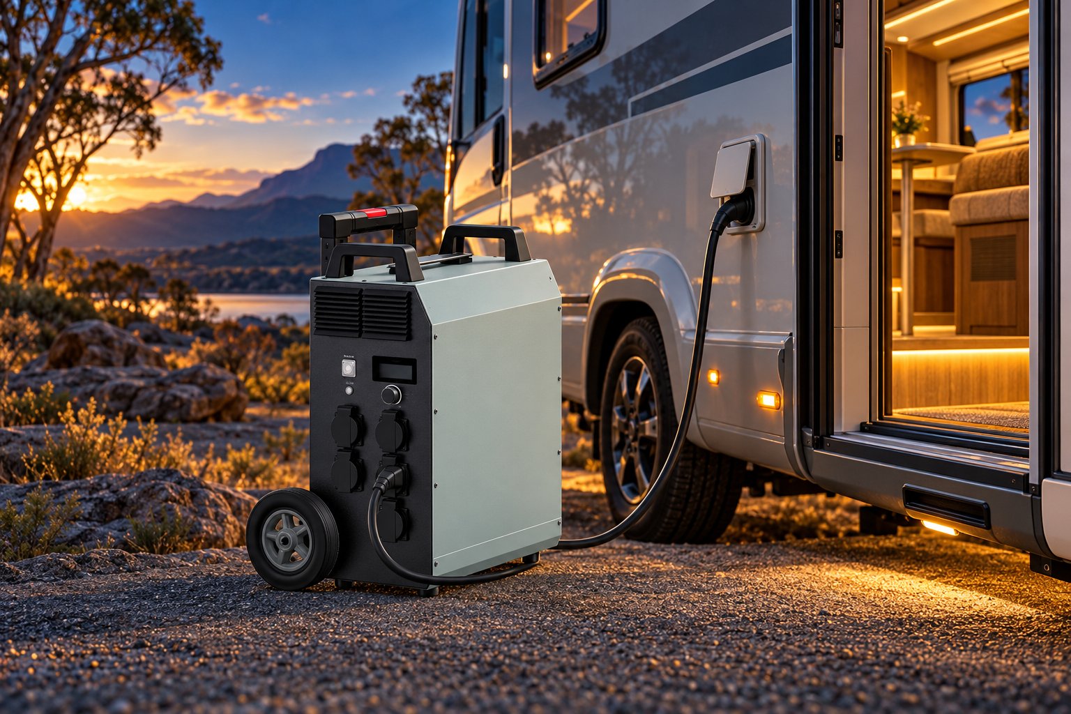 Portable power station with wheels supplying an RV through its exterior AC inlet