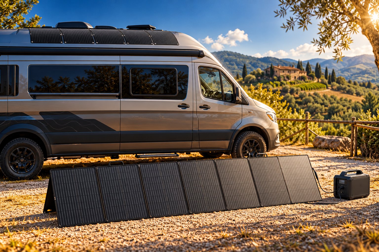 Flexible solar panels on a curved RV roof and a foldable solar blanket charging a portable power station