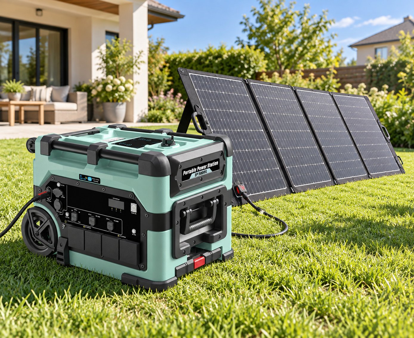 Portable power station recharging from four foldable solar panels in a sunny backyard garden
