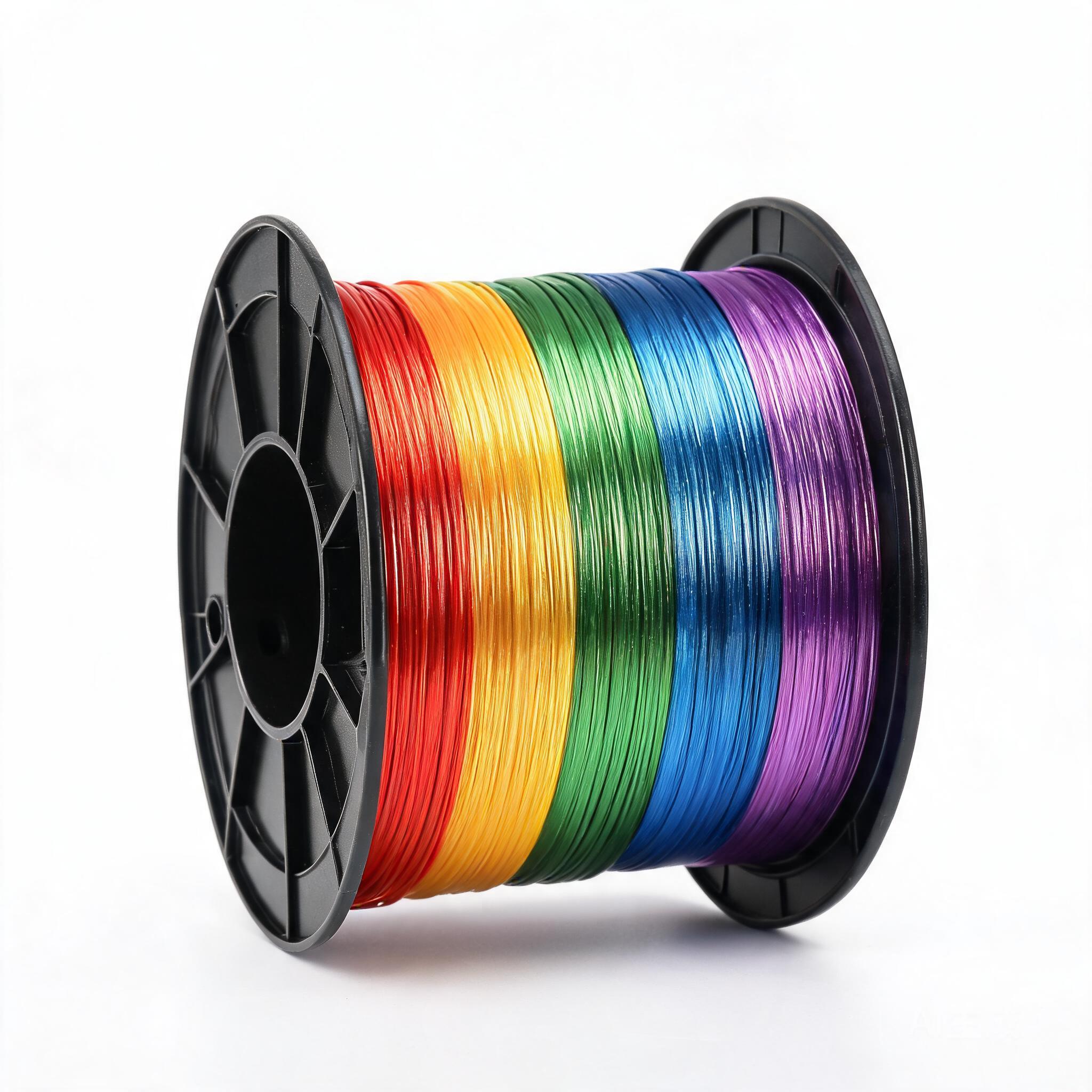 PLA Silk Rainbow filament spool showing five color bands (red, yellow, green, blue, purple) on black spool