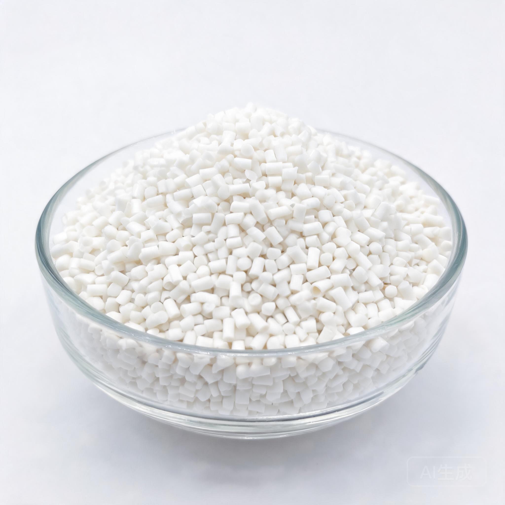 White color masterbatch pellets in transparent glass bowl showing pellet size and color consistency