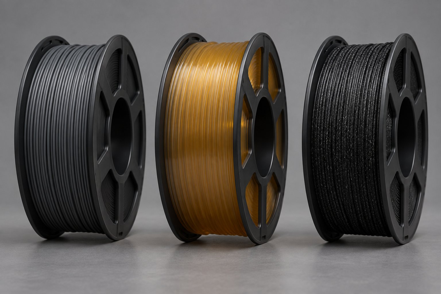 Three 3D printing filament spools in different engineering material tones side by side