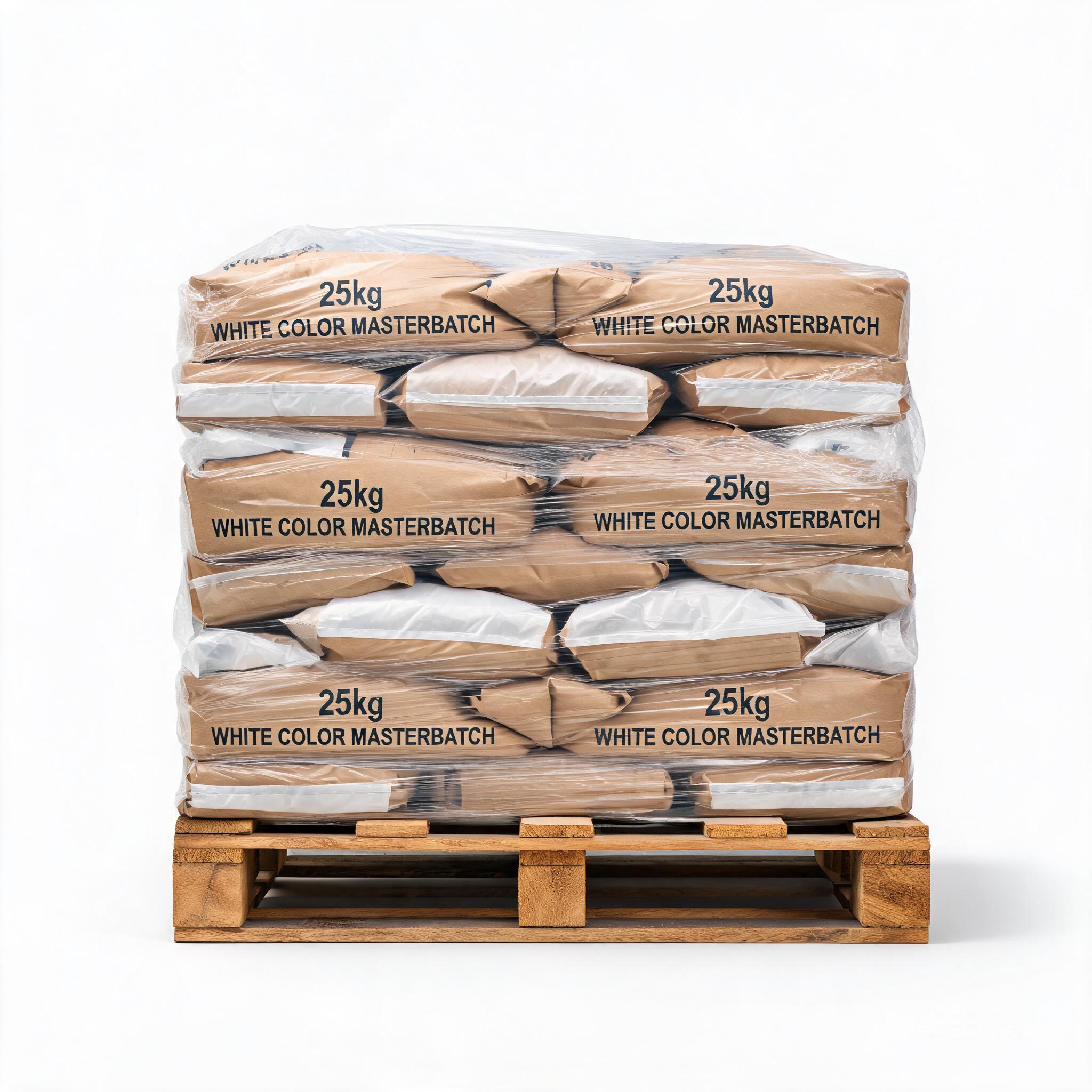 25kg White Color Masterbatch bags stacked on wooden pallet with shrink wrap, bulk packaging for B2B export
