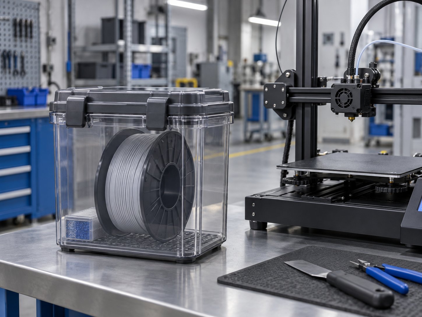 Sealed dry storage box with a filament spool beside a desktop 3D printer on a factory bench