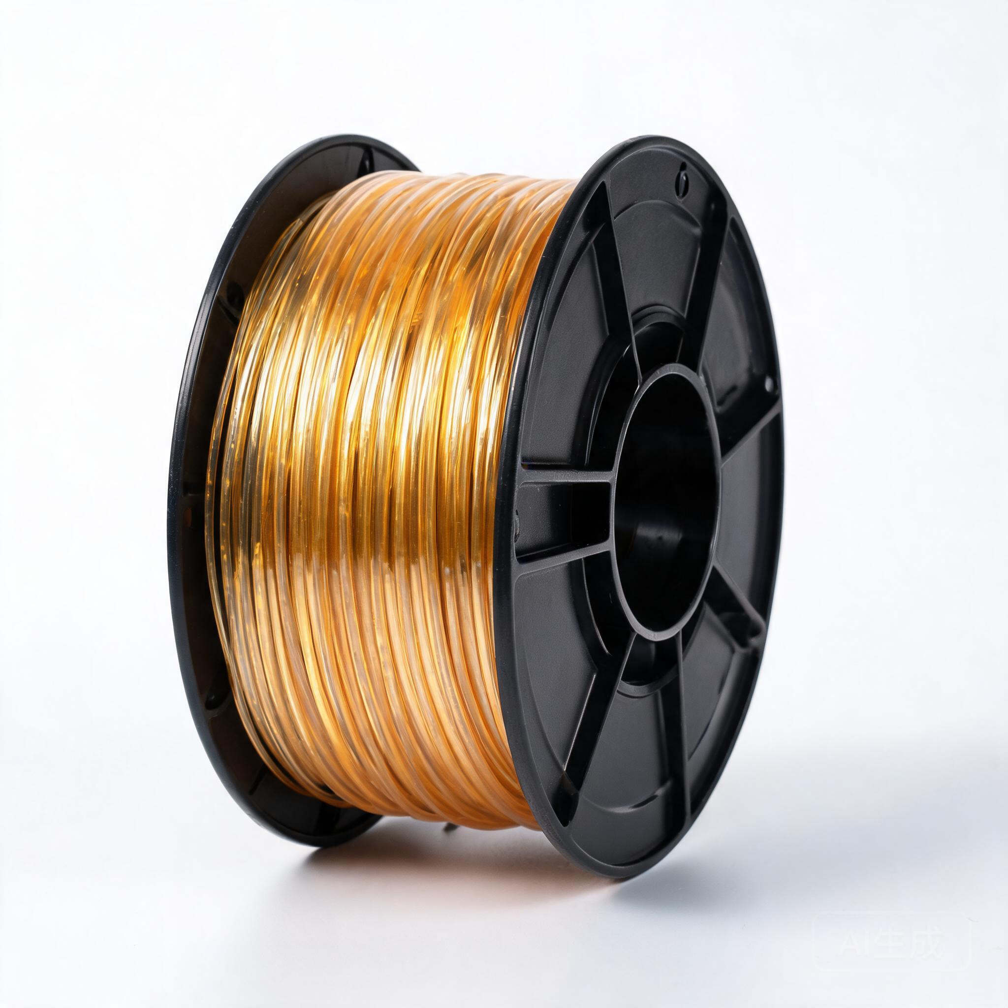 TPU 95A filament spool with clear golden-amber translucent coiled filament on black spool