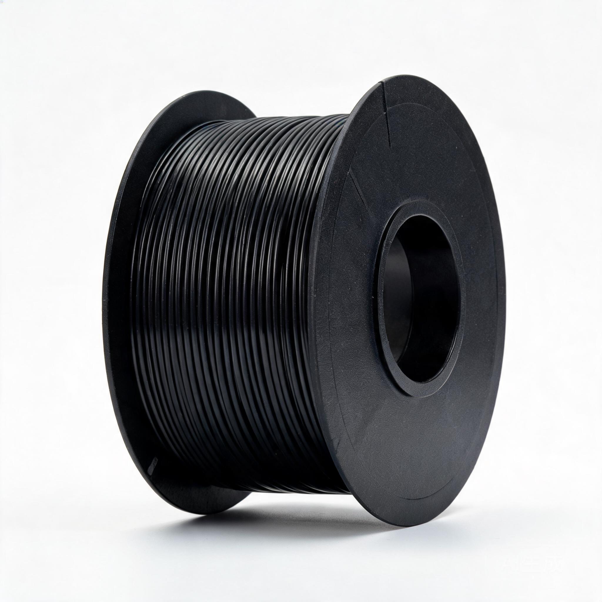 PLA Matte Black filament spool front view showing tightly wound solid black PLA filament