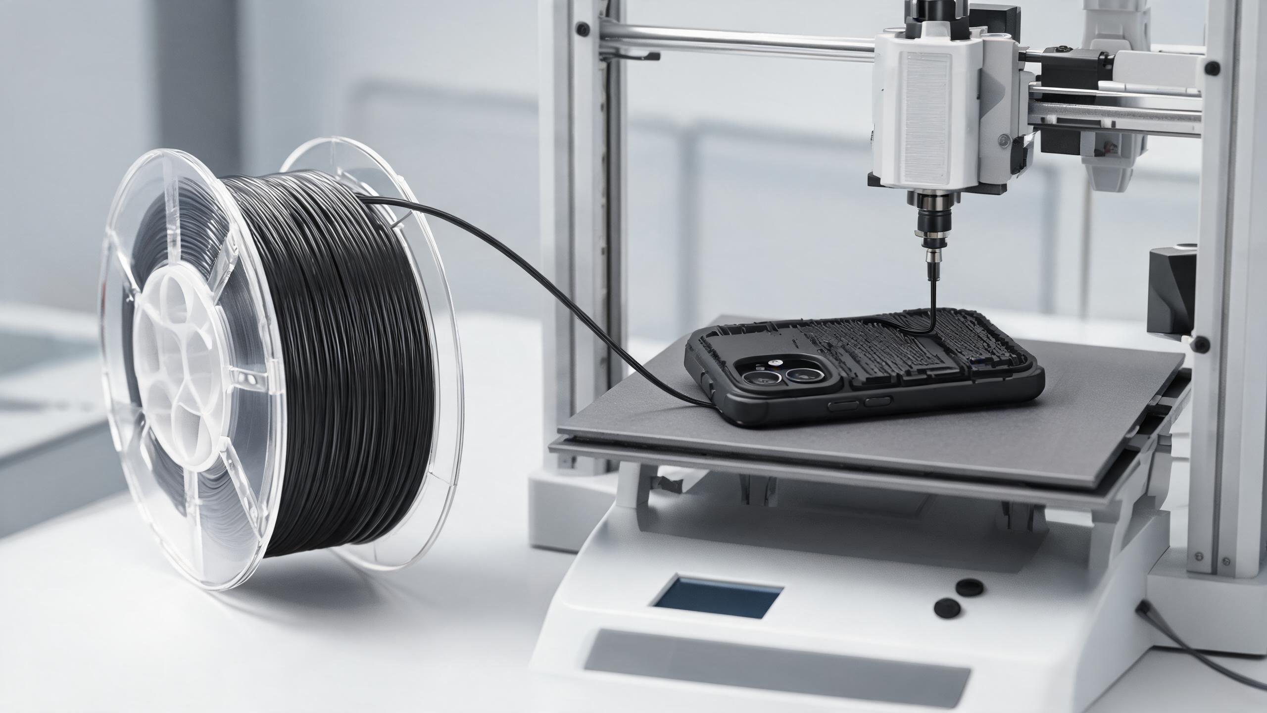 3D printer extruding dark filament onto print bed with finished printed gear