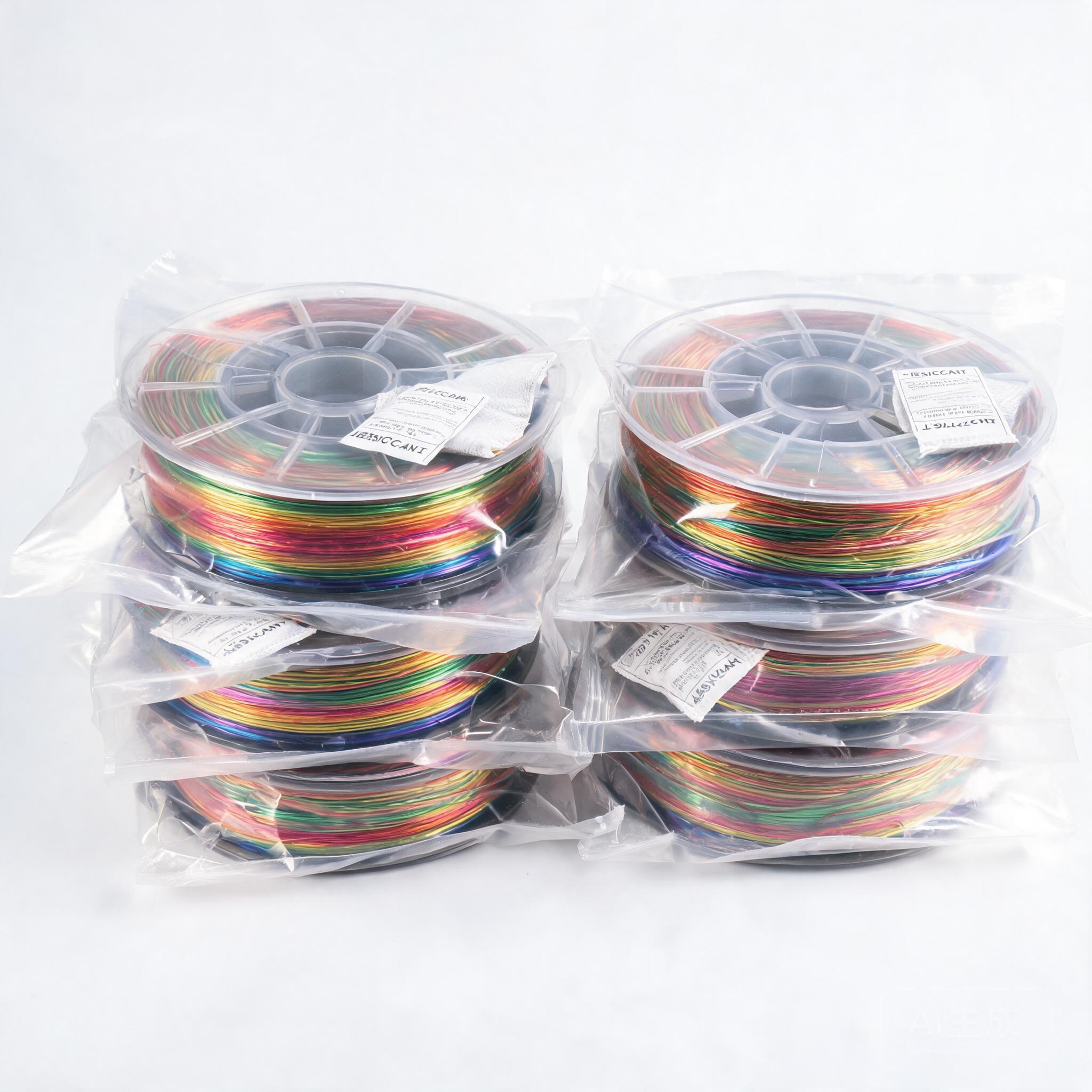 Six vacuum-sealed PLA Silk Rainbow filament spools with product labels in 2-column grid display