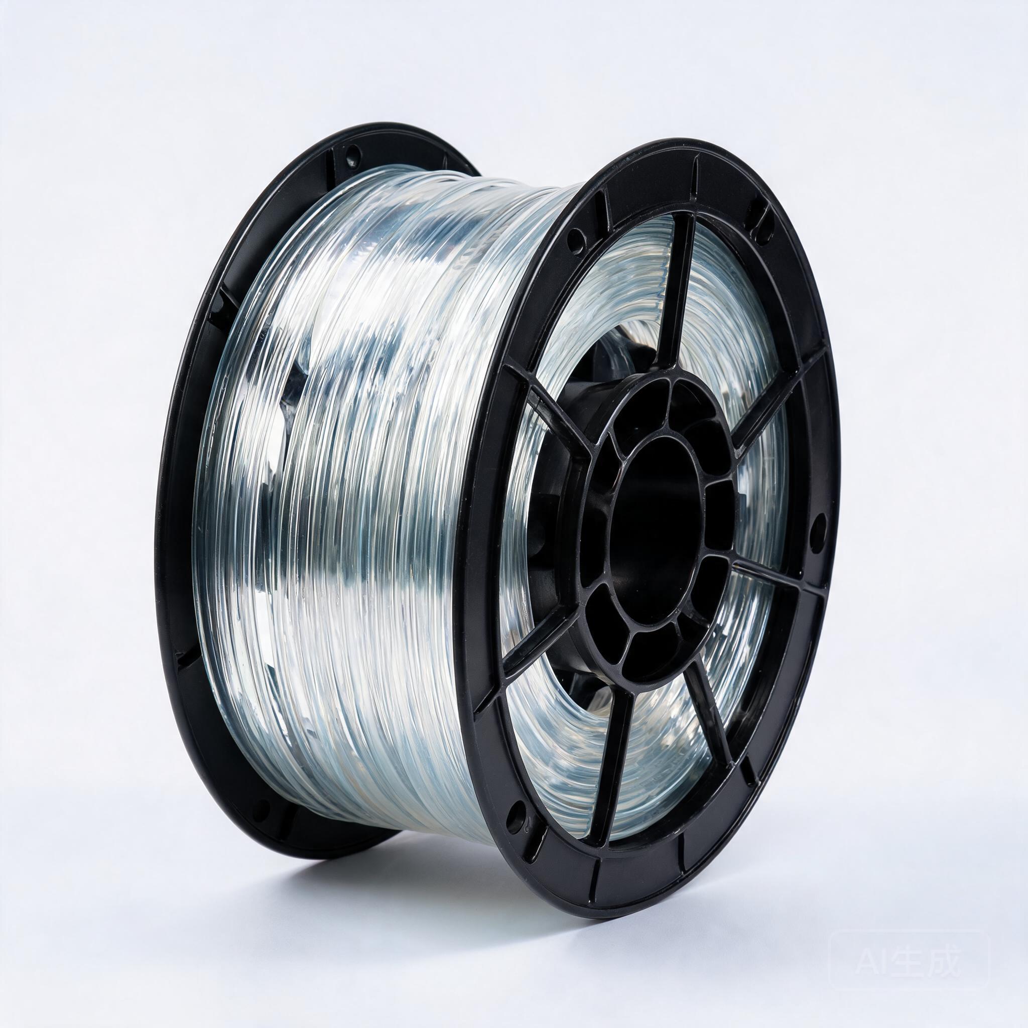 PETG Clear filament spool angled view showing transparent coiled filament on black spool frame