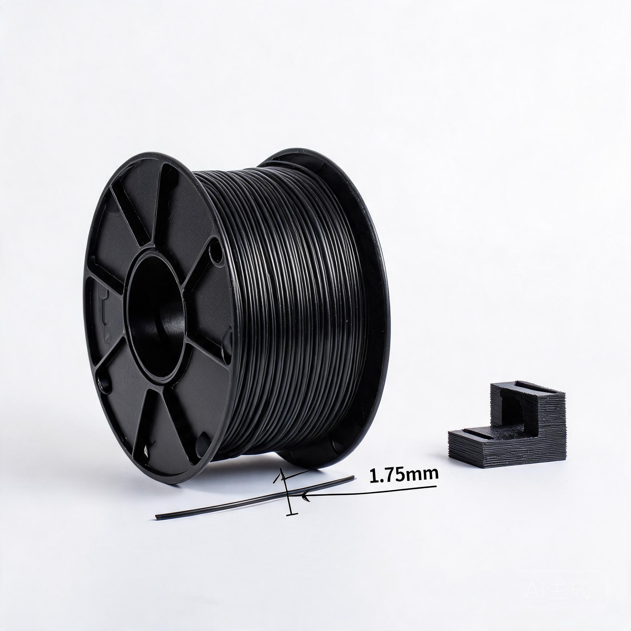 PLA Matte Black filament spool with loose filament segment, 1.75mm dimension annotation, and L-shaped 3D-printed test sample