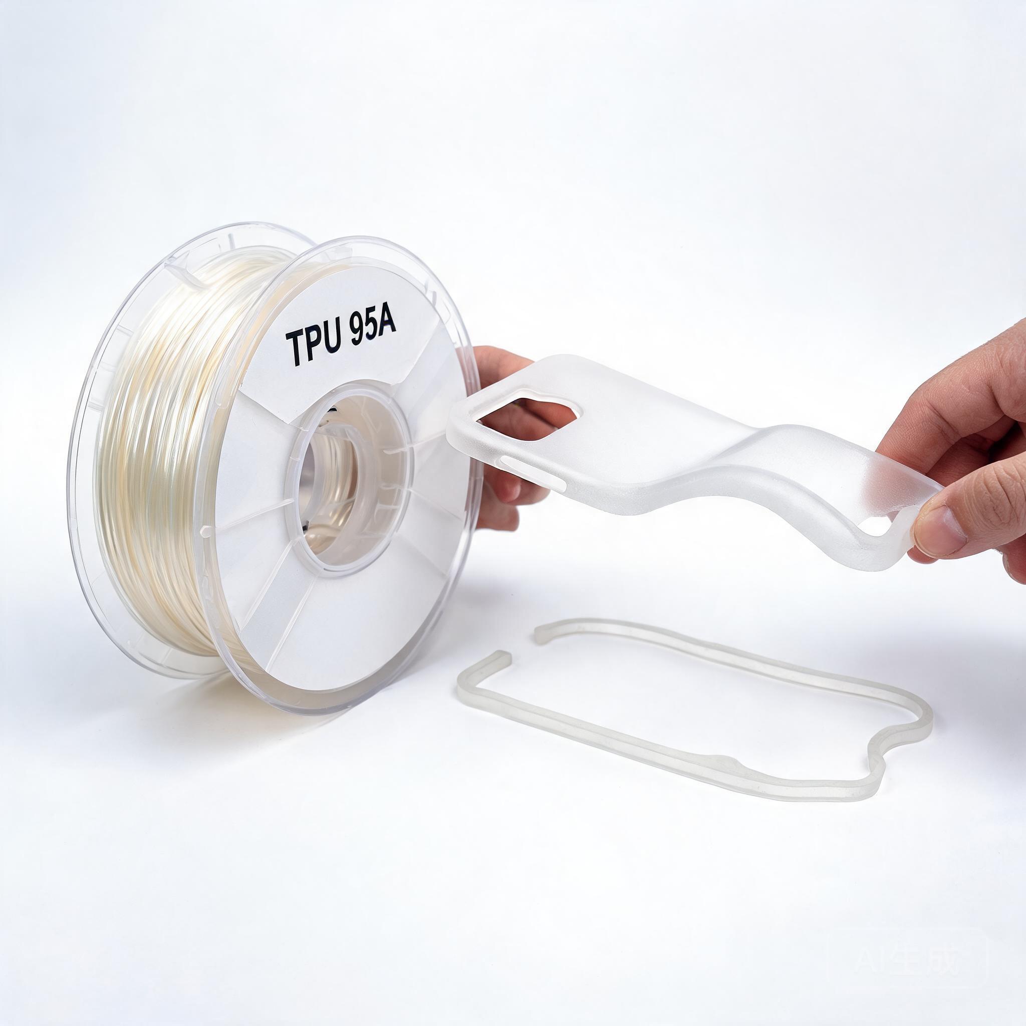 TPU 95A flexible filament spool with translucent 3D-printed phone holder and frame samples demonstrating flexibility