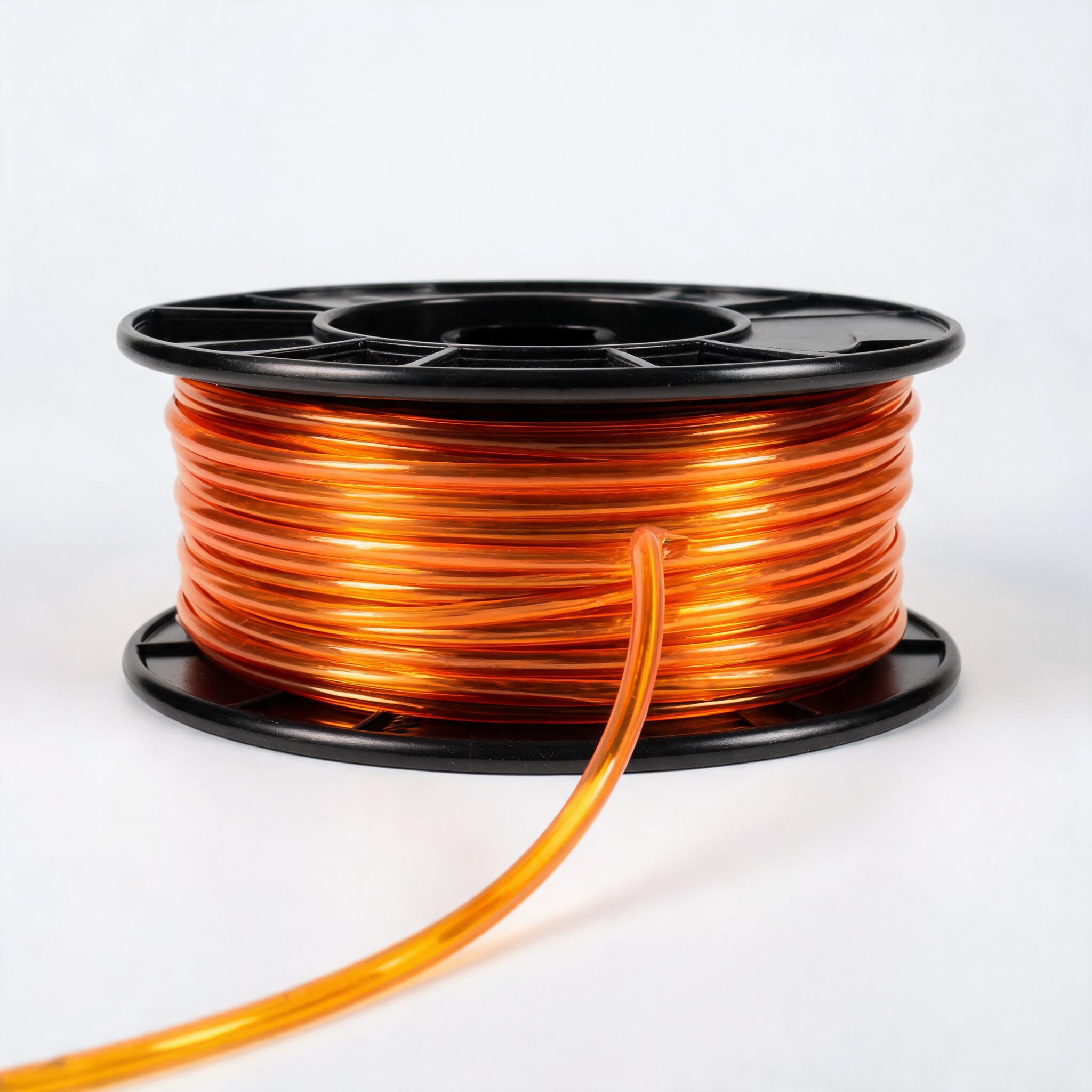 Translucent orange-amber 3D printing filament on a spool