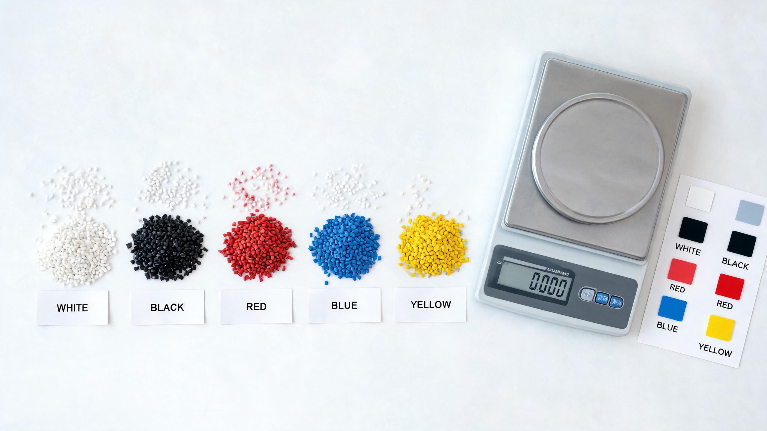 Colored masterbatch pellets including black carbon black masterbatch granules in a row