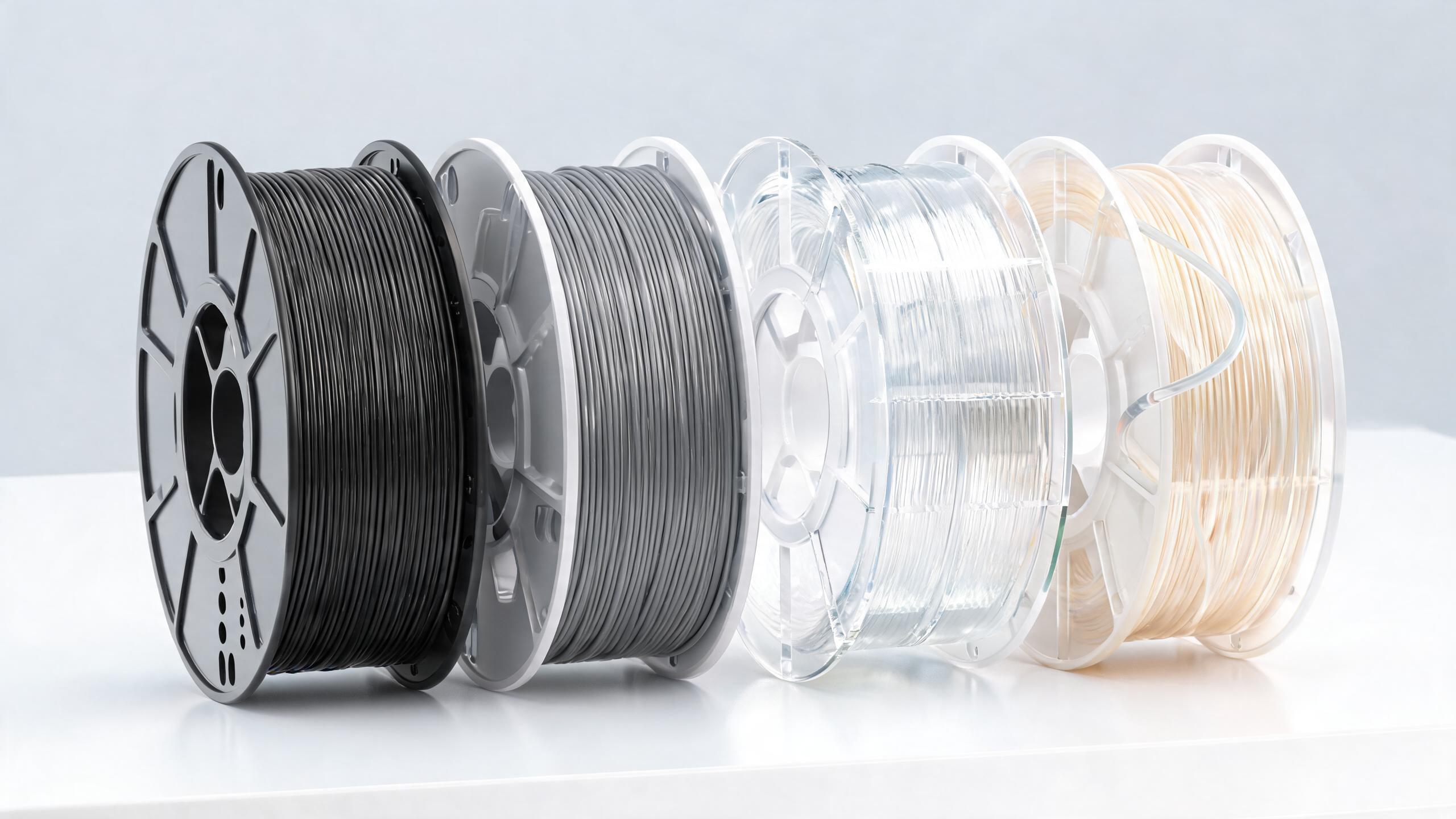 Multiple 3D printing filament spools in different colors arranged for material comparison