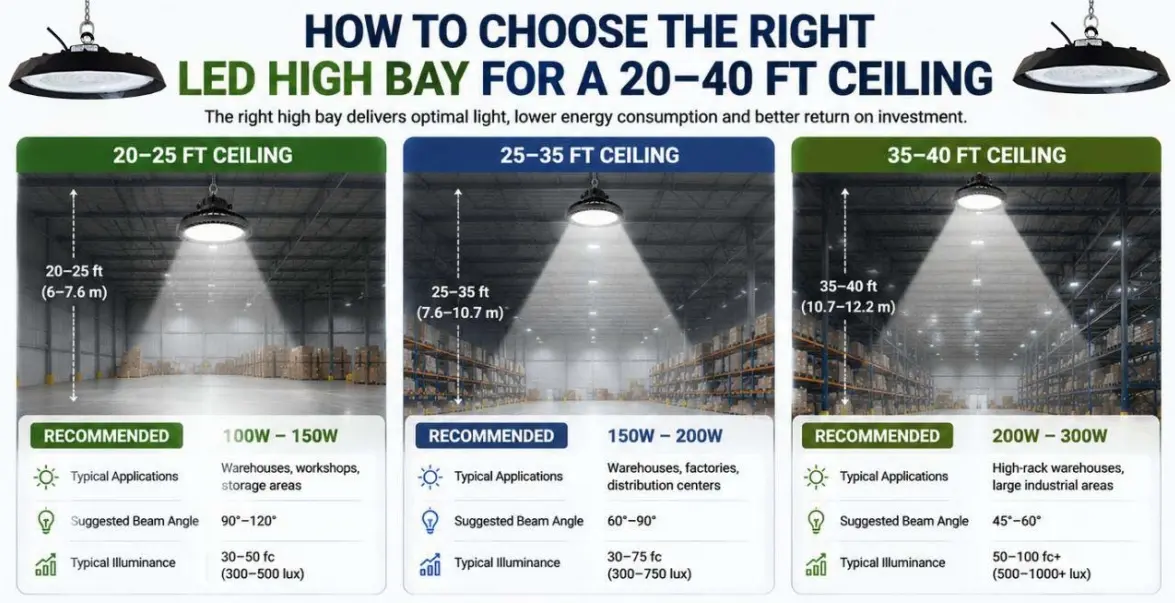 How to Choose the Right LED High Bay for 20–40 ft Ceilings