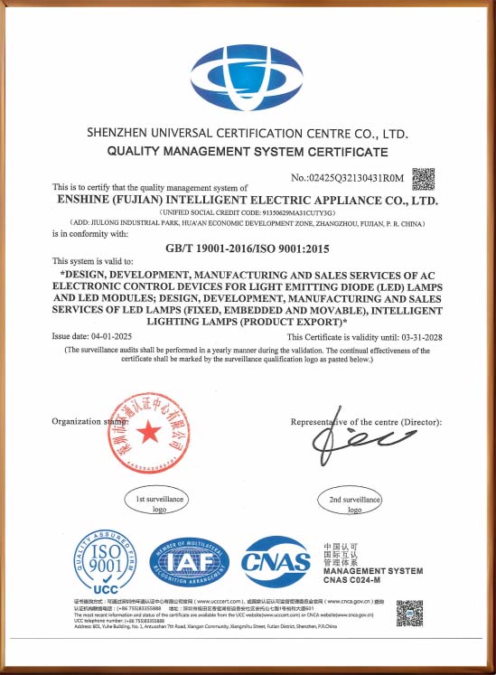 ISO 9001 Certification Enshine Lighting certification