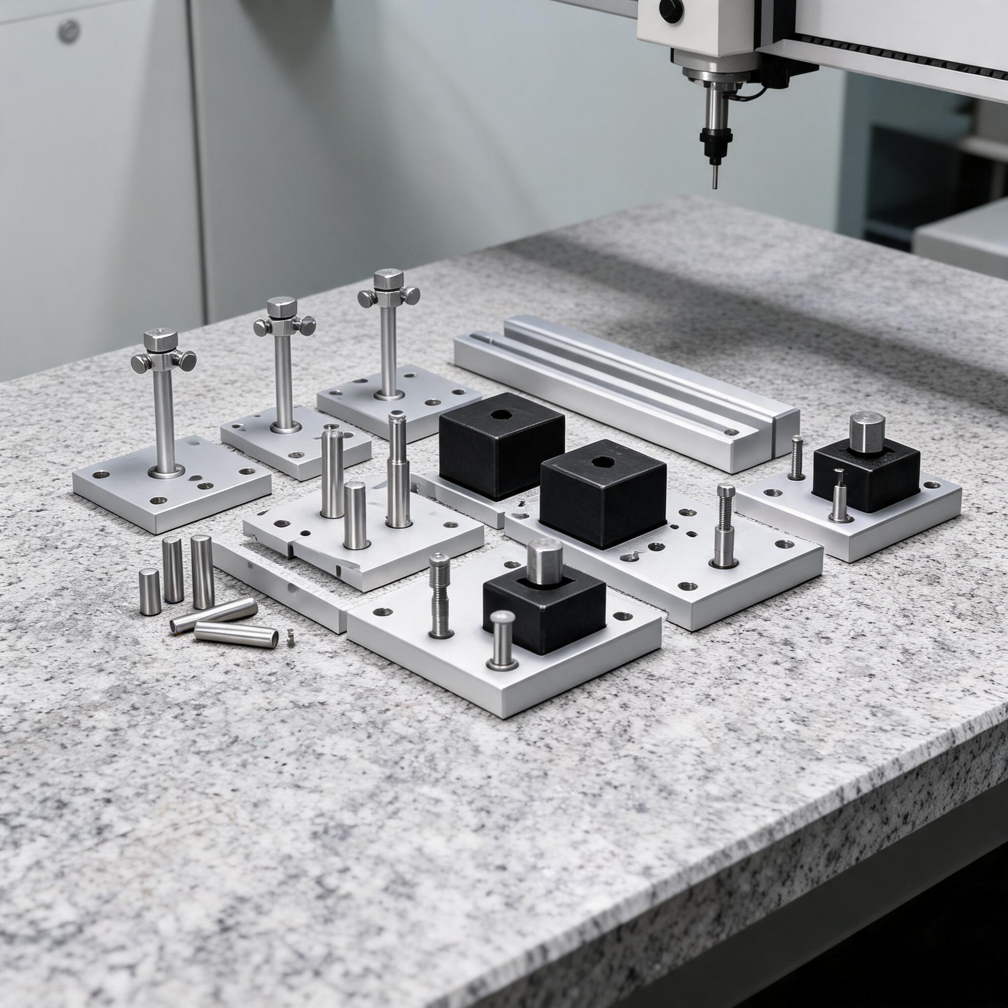 CMM Fixture Kit – modular anodized aluminum fixture components on granite table with 0.003 mm repeatability