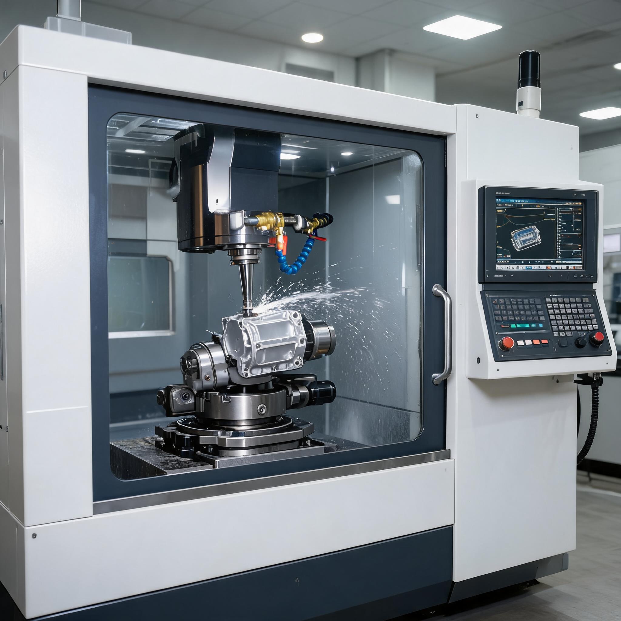 5-Axis Machining Cell – high-rigidity 5-axis CNC machining center with tilted spindle, trunnion rotary table and touchscreen control for ±0.006 mm precision