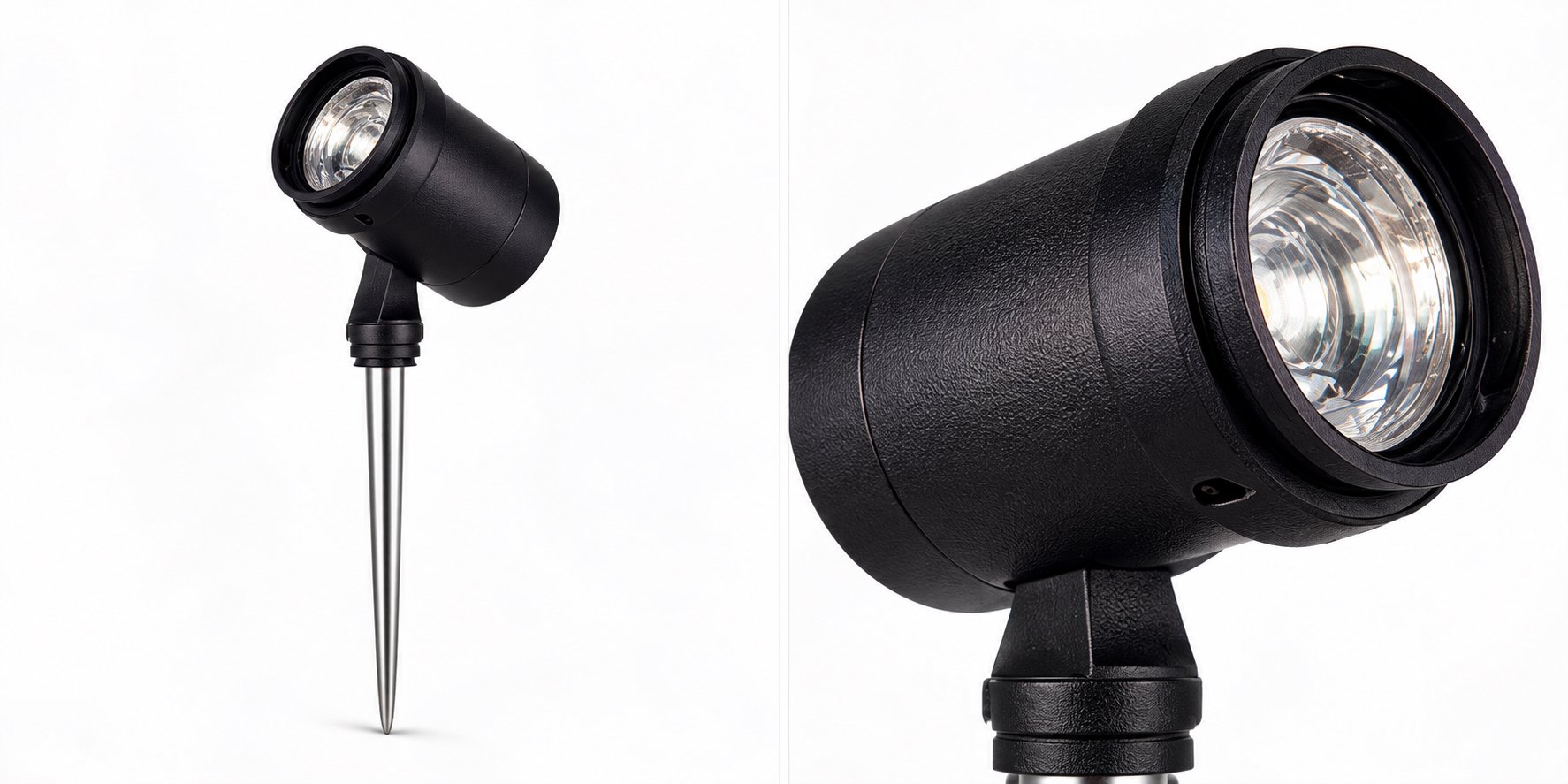 50W LED landscape spotlight with ground stake, full view and head detail