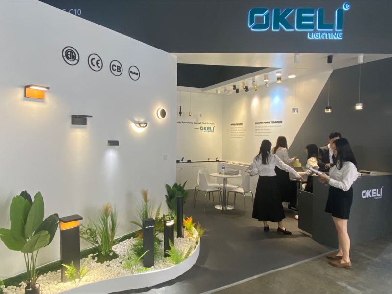 Hong Kong International Lighting Fair exhibition booth showcasing commercial LED string lights and landscape lighting solutions