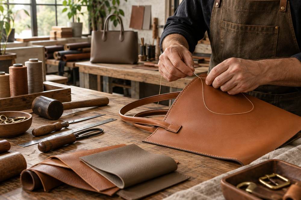 Craftsman hand-stitching a tan leather handbag panel in the Aurevia workshop
