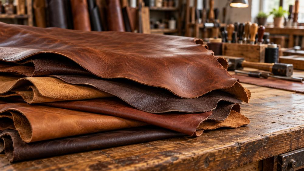 Tanned leather hides stacked on a workshop bench before grading