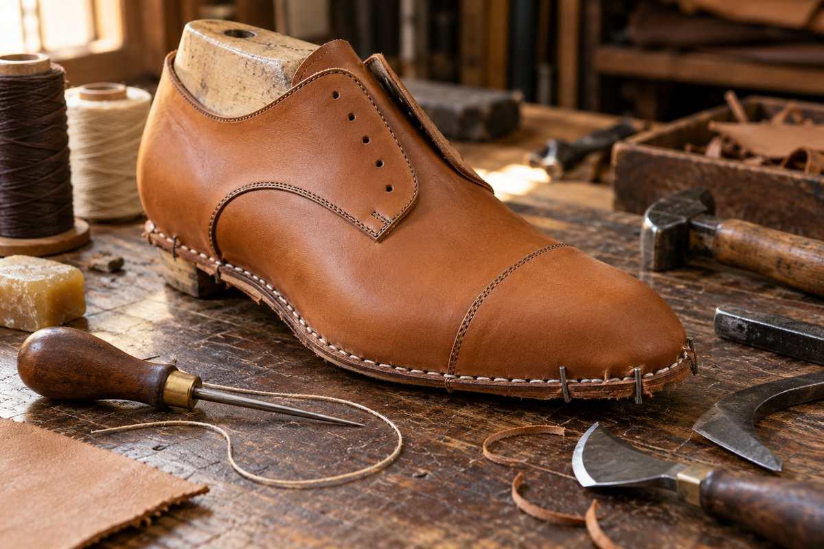 Tan leather shoe upper with welt stitching mounted on a wooden shoe last, with leather craft tools on the bench