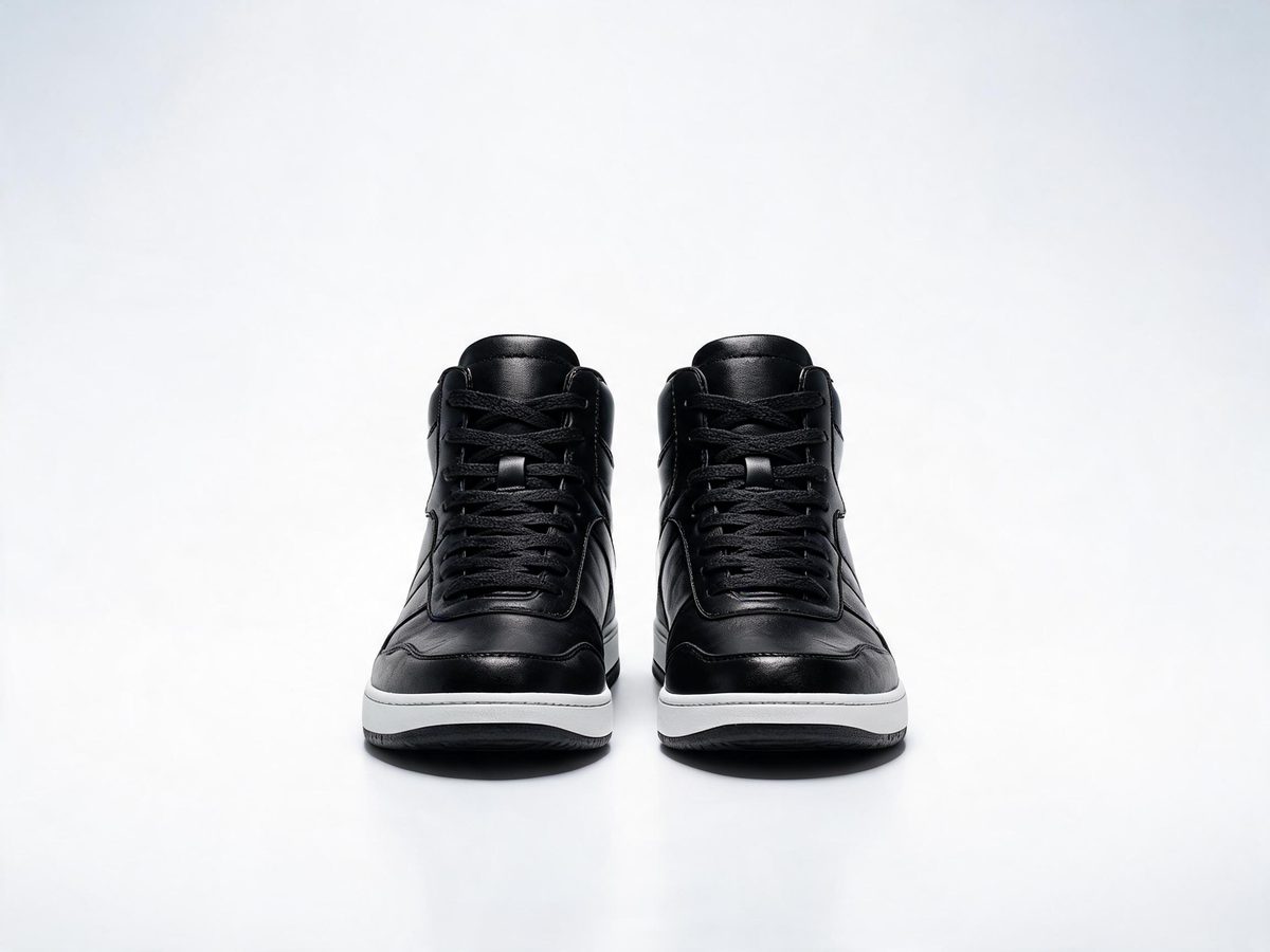 Black leather high-top sneakers with padded collar and rubber outsole for wholesale streetwear lines